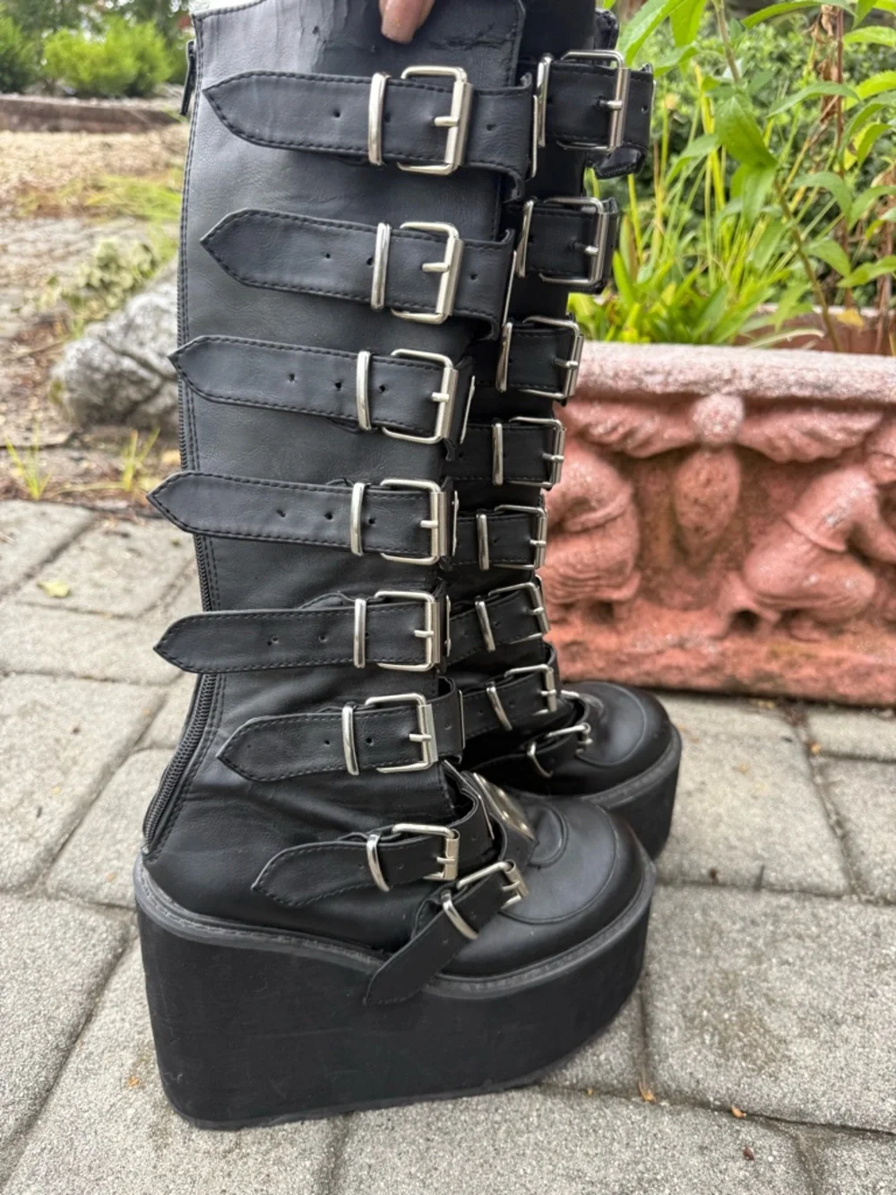 Black Platform Studded Buckle Boots - Women